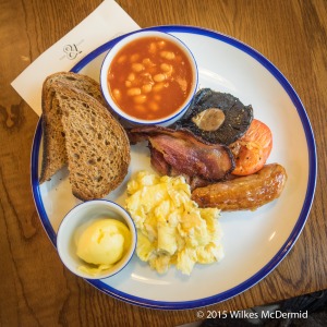 The Fisherman's Breakfast ("Streaky bacon, Cumberland Sausage, eggs, field mushrooms, grilled tomato, baked beans, French toast with a offer of your choice")